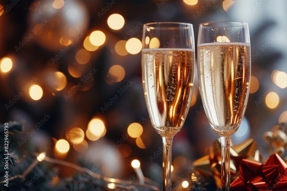 Two champagne glasses are on a table with a Christmas tree in the background. The tree is decorated with lights and ornaments, creating a festive atmosphere. The glasses are filled with champagne Two champagne glasses are on a table with a Christmas tree in the background. The tree is decorated with lights and ornaments, creating a festive atmosphere. The glasses are filled with champagne