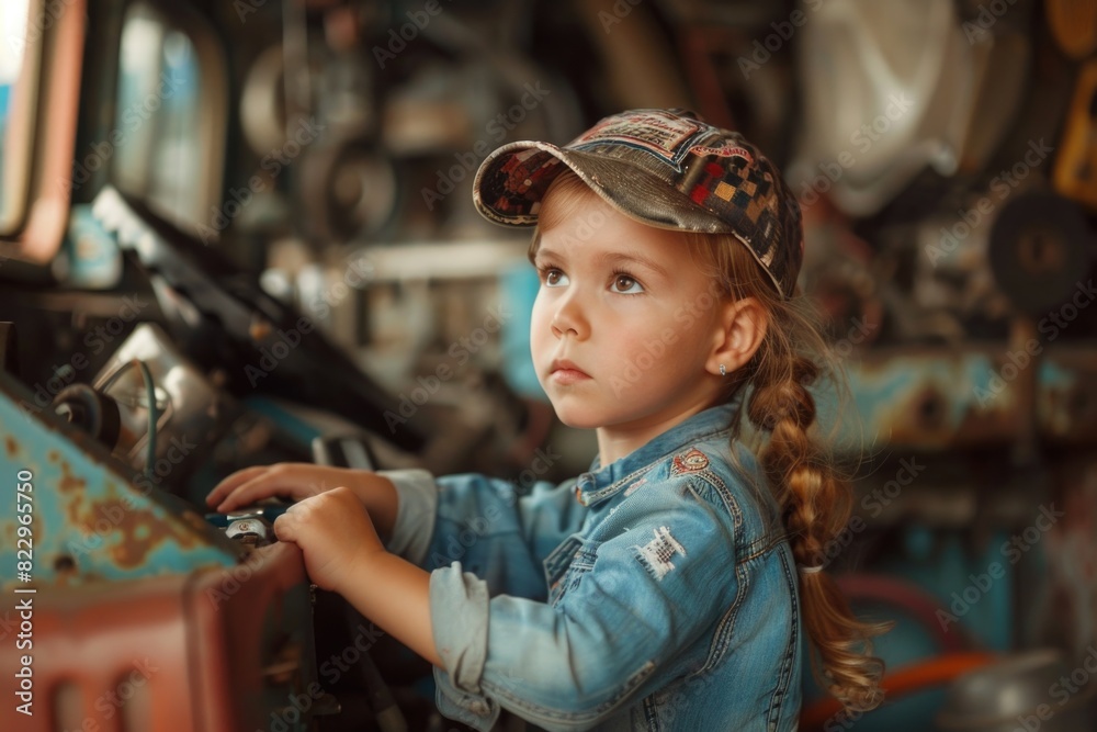 A little girl is sitting in a toy truck and looking out the window. She is wearing a blue jacket and a hat A little girl is sitting in a toy truck and looking out the window. She is wearing a blue jacket and a hat