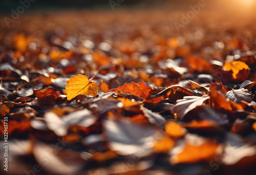 Close-up of autumn leaves on the ground with a single yellow leaf in focus. The background is blurred, creating a bokeh effect with warm sunlight.