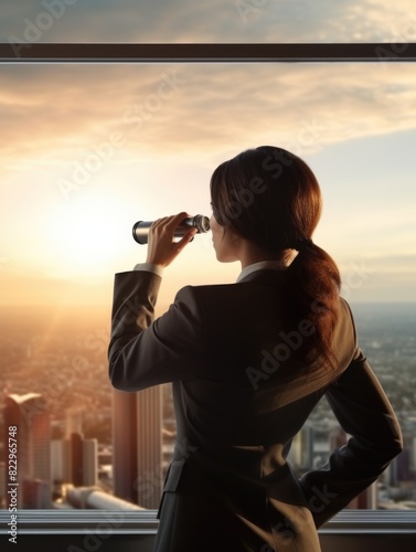 A woman in a business suit is looking out of a window at the city below. She is holding a telescope-like device, possibly a camera, and she is focused on something in the distance
