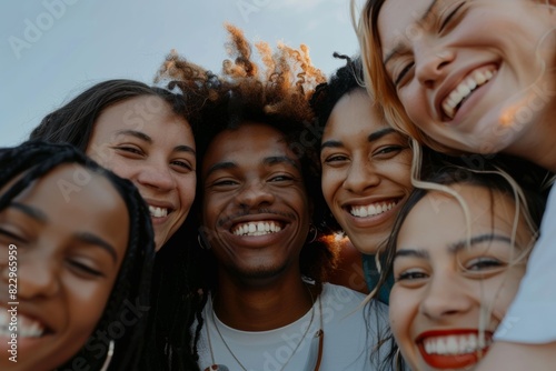 Group of young african american and caucasian friends smiling and looking at camera