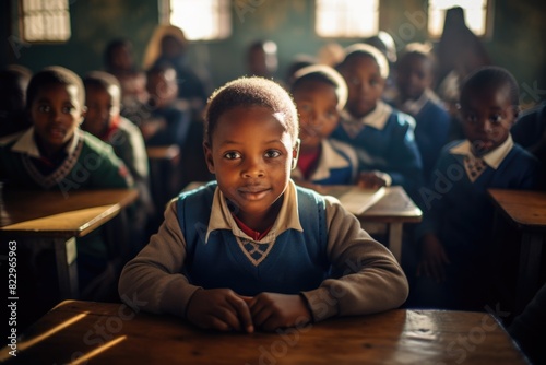A young boy is sitting at a desk in a classroom with other children. He is looking at the camera with a serious expression. Concept of focus and concentration