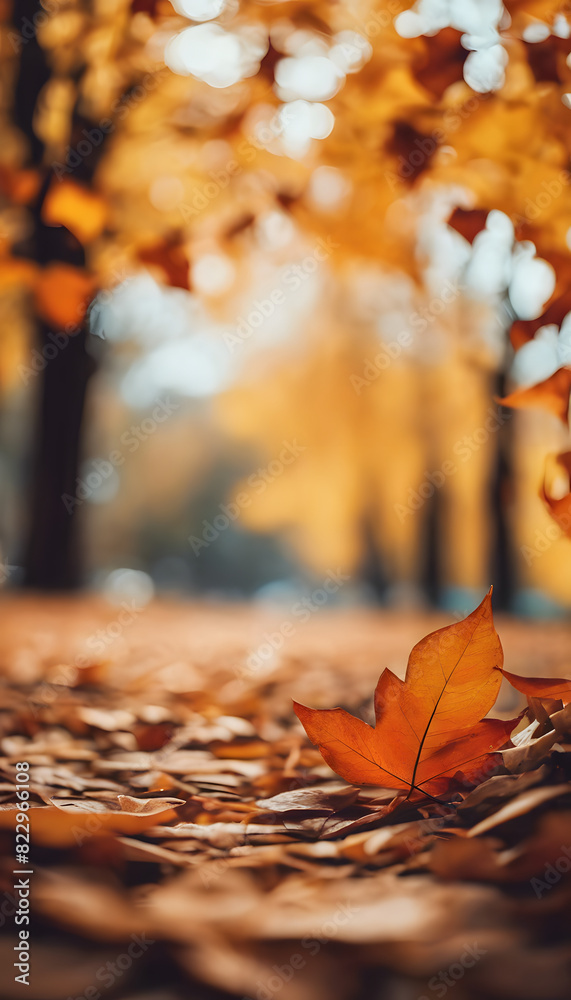 A close-up of a single orange autumn leaf on the ground with a blurred background of trees and fallen leaves. A close-up of a single orange autumn leaf on the ground with a blurred background of trees and fallen leaves.