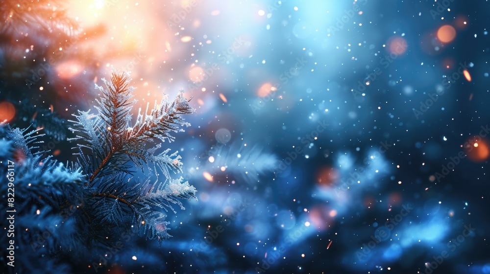 A snow covered tree branch with a blue sky background. Concept of tranquility and peacefulness