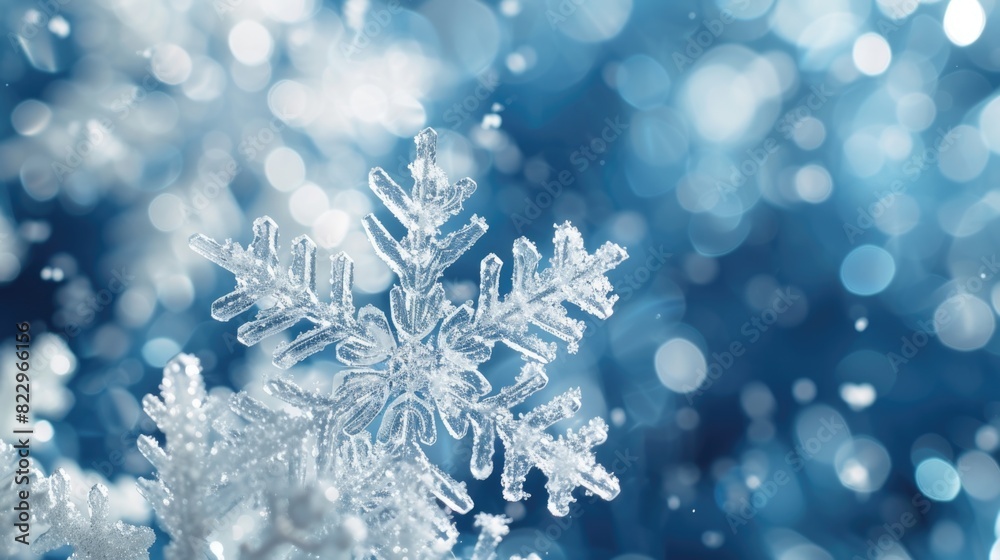 A snowflake is captured in a blue and white background. The snowflake is surrounded by a blurry background, giving the impression of a snowstorm. Concept of winter and the beauty of nature A snowflake is captured in a blue and white background. The snowflake is surrounded by a blurry background, giving the impression of a snowstorm. Concept of winter and the beauty of nature