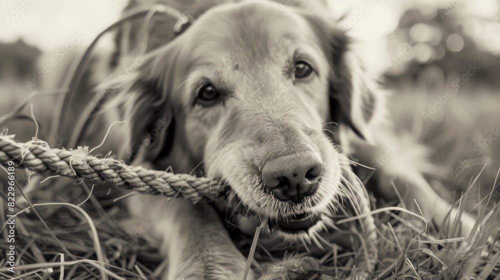 A dog is chewing on a rope. The dog is laying on the grass. The rope is ...