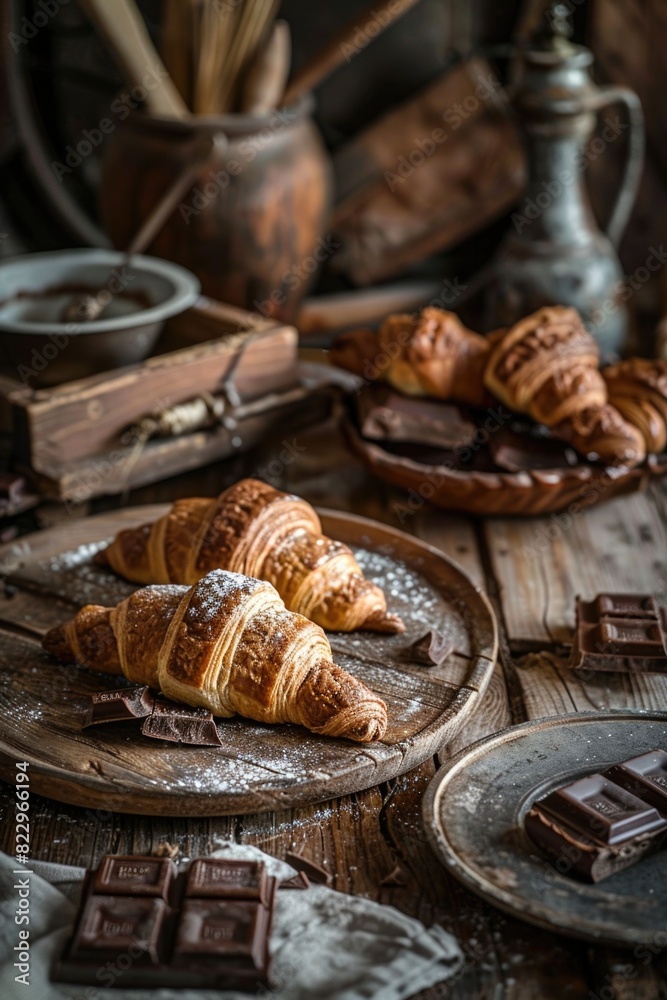 A plate of croissants with powdered sugar and chocolate chips on top. The croissants are arranged on a wooden table with a bowl and a vase nearby. Scene is cozy and inviting A plate of croissants with powdered sugar and chocolate chips on top. The croissants are arranged on a wooden table with a bowl and a vase nearby. Scene is cozy and inviting