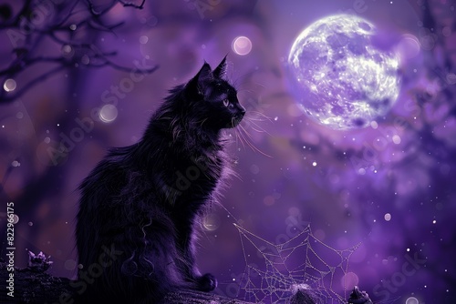 An elegant Happy Halloween design template with a mysterious black cat, cobwebs, and a full moon on a deep purple background