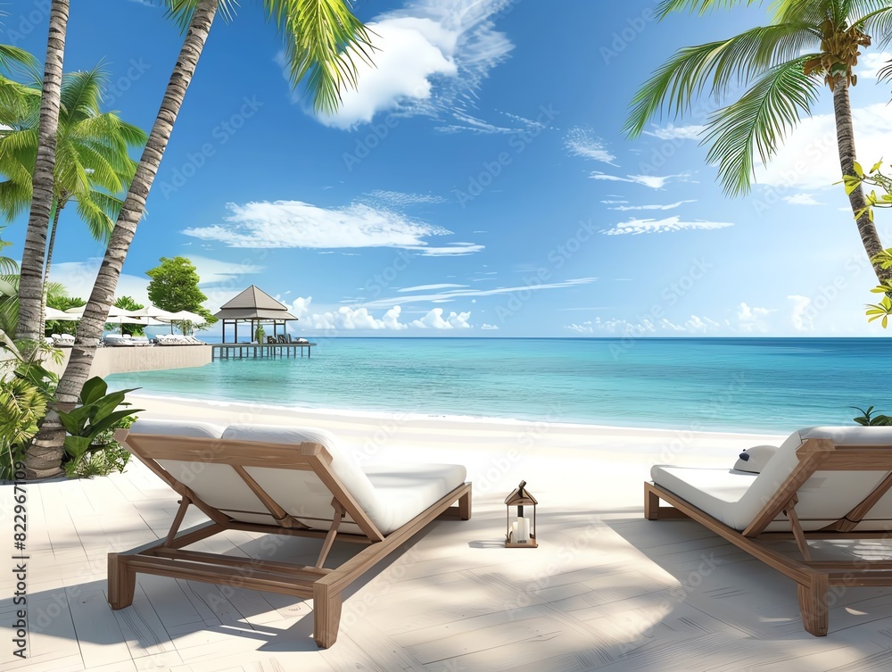 Sophisticated beach with a luxury resort in the background, upscale theme, elegant, Blend mode, exclusive getaway backdrop