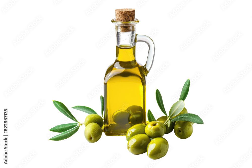 Olive oil in a bottle with green olives isolated on a white background Olive oil in a bottle with green olives isolated on a white background