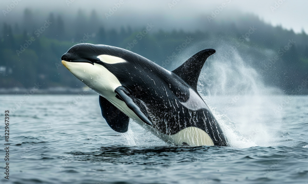 Fototapeta premium Spectacular Jumping Bigg's Orca Whale in Misty Vancouver Island Waters, Daytime Wildlife Photography, Marine Life in Action