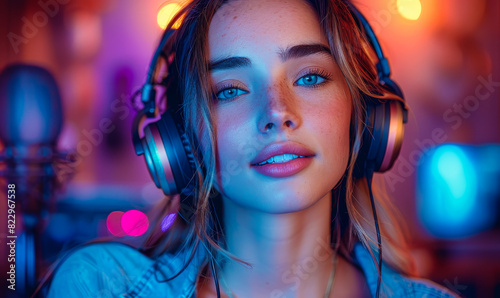 Young Woman in Wireless Headphones Recording Song in Studio with Colorful Lighting