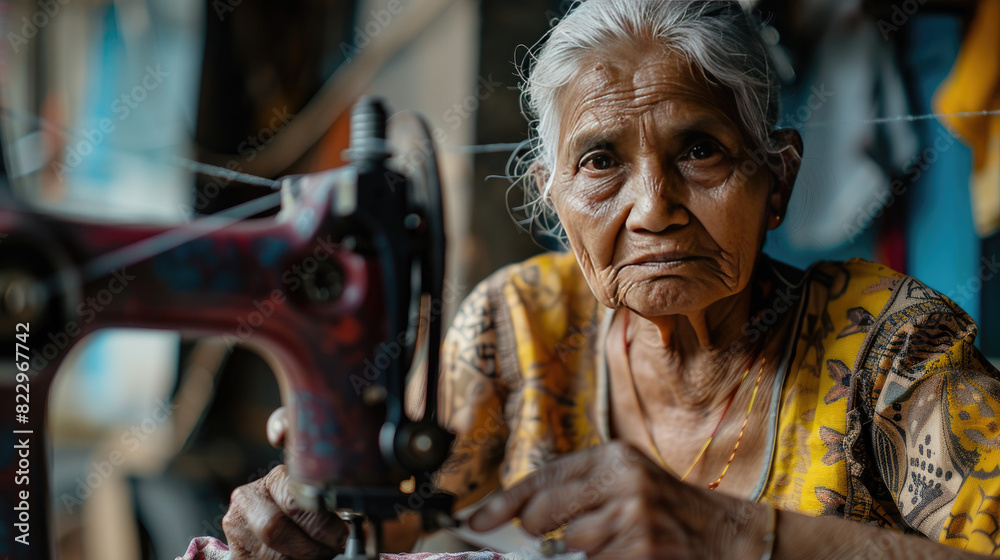 Traditional Indian lady in front of sewing machine Traditional Indian lady in front of sewing machine