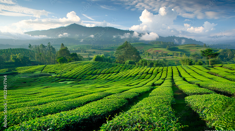 A lush green field with a mountain in the background