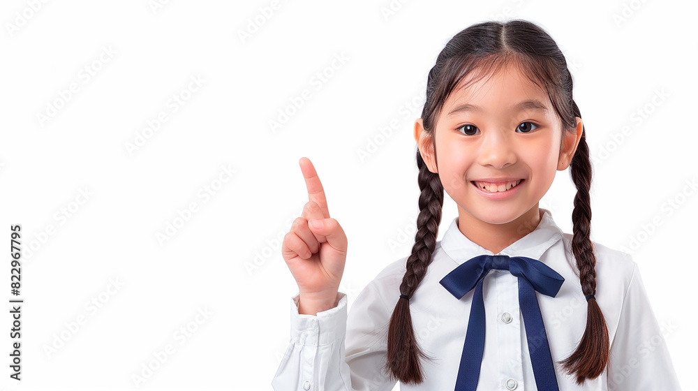 Smiling schoolgirl with braids pointing upwards, white background, copy space Smiling schoolgirl with braids pointing upwards, white background, copy space
