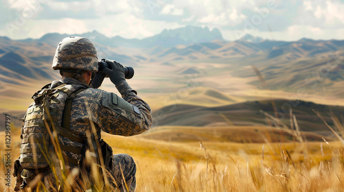 Soldier using binoculars in vast landscape, concept of surveillance and security photo