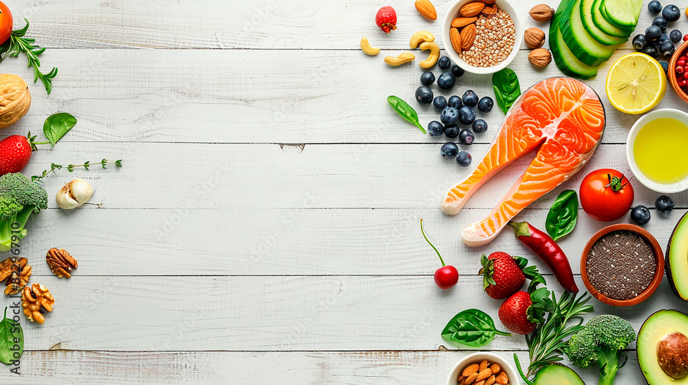 Variety of healthy foods including salmon, vegetables, nuts, and fruits on a wooden table with copy space