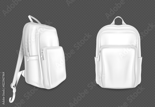 White backpack mockup front and side view with pocket, zipper and strap. Realistic 3d vector illustration set of blank leather rucksack template. Empty casual youth schoolbag or knapsack mock up.