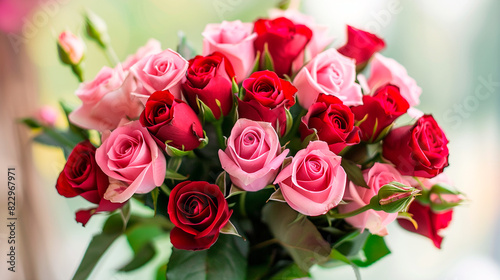 Bouquet of red and pink roses with blurred background
