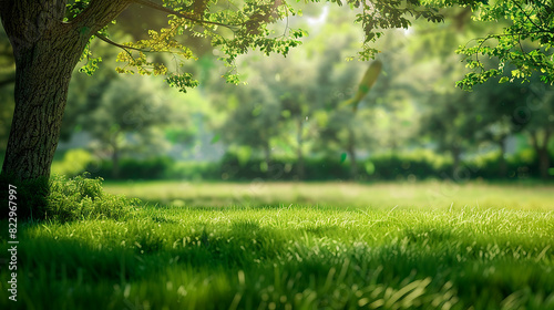 Sunny park scene with a tree, lush green grass, and a blurred background of trees