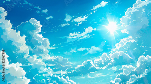 Illustration of a bright blue sky with fluffy clouds and the sun shining brightly