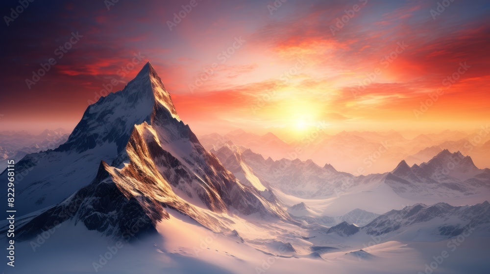 sunrise over a snow-capped mountain range, 