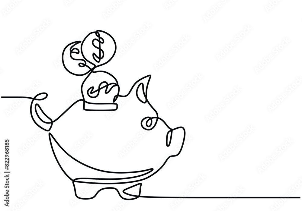 one continuous line drawing of piggy bank with dollar coin. Safe money symbol and business finance. one continuous line drawing of piggy bank with dollar coin. Safe money symbol and business finance.