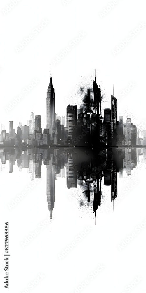 Naklejka premium A minimalist black and white illustration of city skyline, capturing iconic landmarks, suitable for printing on travel mugs and posters
