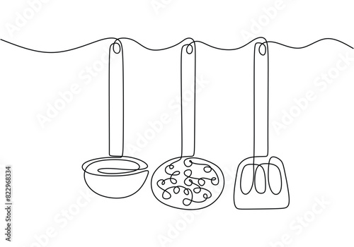 one continuous line drawing of hanging silk, spatula and cooking spoon isolated on white background.