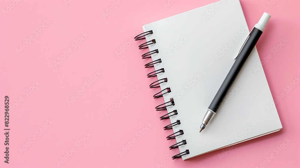 Blank notebook with spiral for the application of labels and pen on pink background. Top view. Generative Ai Blank notebook with spiral for the application of labels and pen on pink background. Top view. Generative Ai