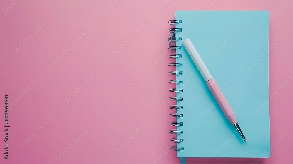 Blank notebook with spiral for the application of labels and pen on pink background. Top view. Generative Ai Blank notebook with spiral for the application of labels and pen on pink background. Top view. Generative Ai