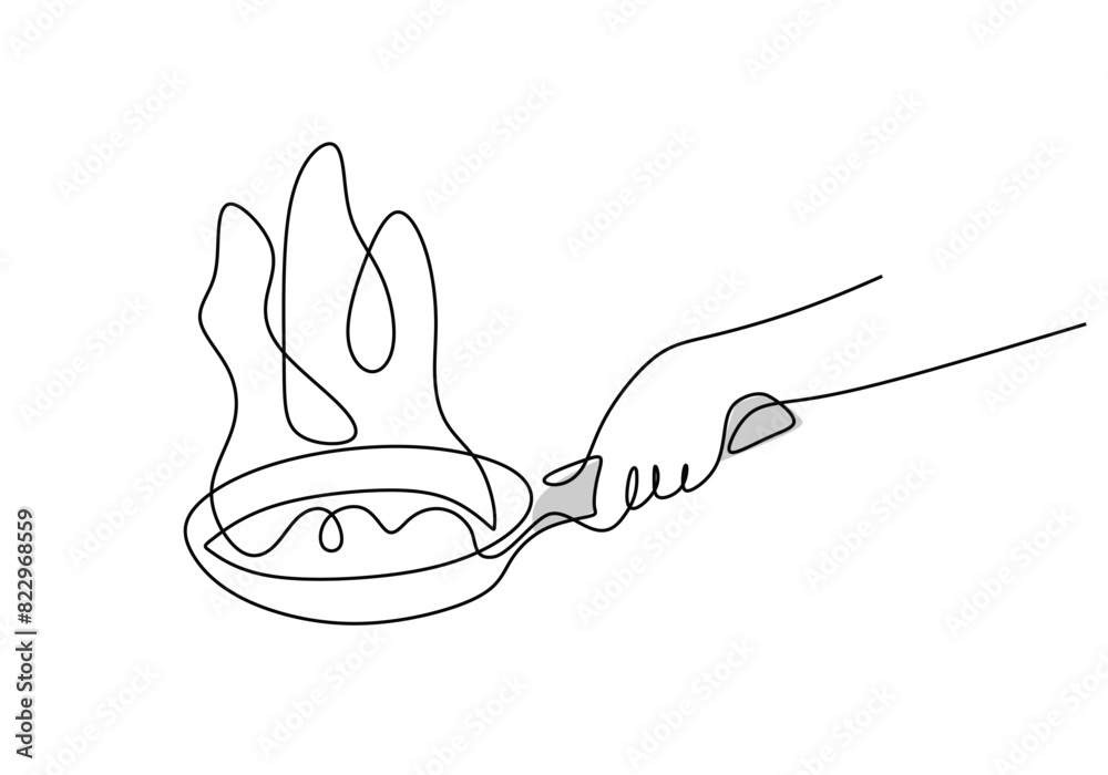one continuous line drawing of hand holding frying pan on white background Cooking and kitchen tools one continuous line drawing of hand holding frying pan on white background Cooking and kitchen tools