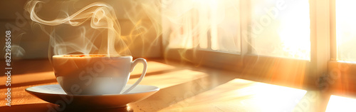 Coffee cup and steam is burning on a wooden table in the style of sunrays shine upon it background
 photo