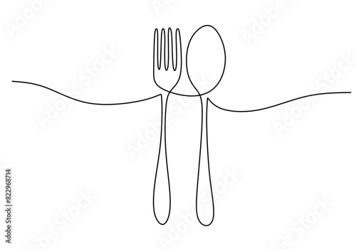 one continuous line drawing of fork and spoon on white background. Cooking, kitchen and table manner