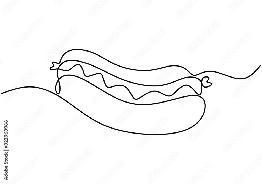 one continuous line drawing of hotdog isolated on white background. Fast Food minimalism concept. one continuous line drawing of hotdog isolated on white background. Fast Food minimalism concept.