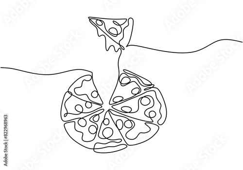 one continuous line drawing of pizza isolated on white background. Food vector illustration.