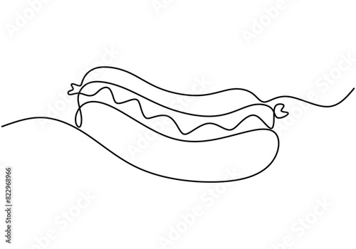 one continuous line drawing of hotdog isolated on white background. Fast Food minimalism concept.