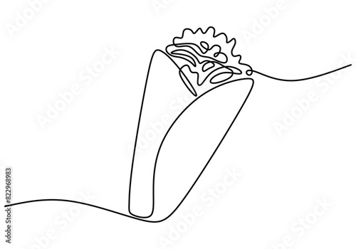 one continuous line drawing of delicious kebab on white background. Fast Food minimalism concept.
