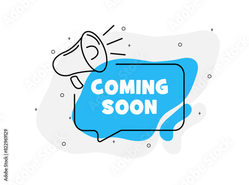Coming soon of marketing design badge with loudspeaker blue color. Vector illustration on white background
