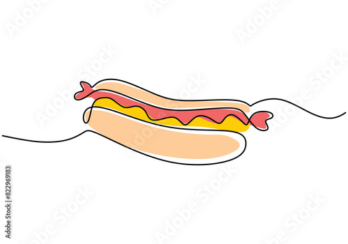 one continuous line drawing of hotdog isolated on white background. Fast Food minimalism concept.