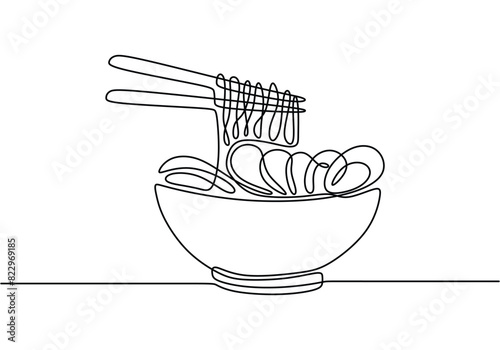 one continuous line drawing of chicken noodle or ramen with egg isolated on white background.