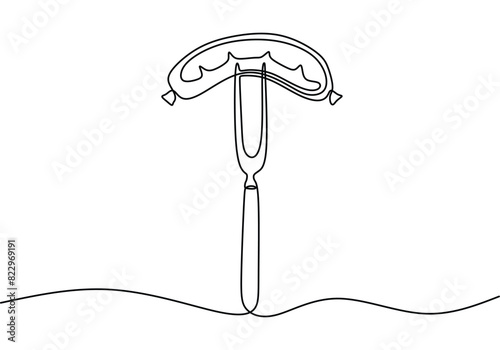 one continuous line drawing of sausage on fork isolated on white background. Fast Food minimalism.