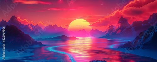3d rendering of neon colorful landscape with glowing sun and moon