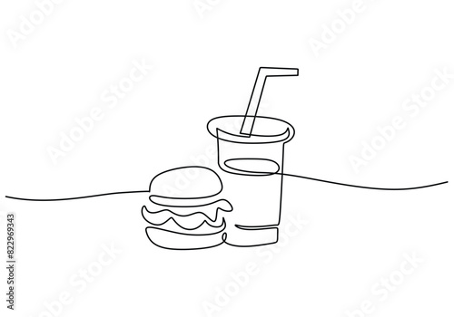 Burger and soda fast food in continuous line art drawing style. Fast food minimalist concept.