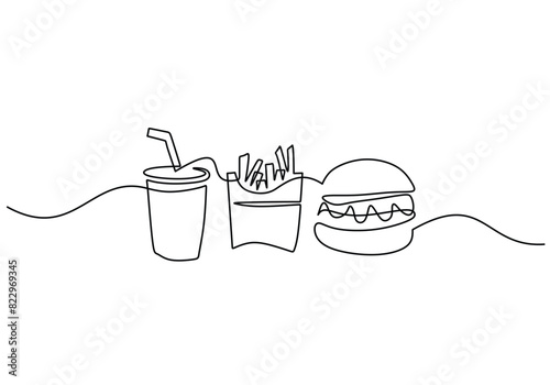 Single line drawing of Burger, soda and french fries fast food in continuous line art style.