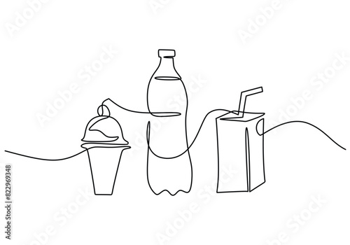 one continuous line drawing of ice cream, mineral water and soft drink isolated on white background.