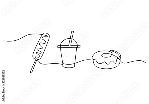one continuous line drawing of donuts, sweet drinks and candy isolated on white background.