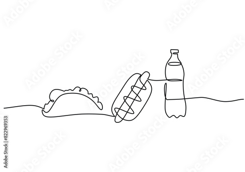 one continuous line drawing of kebab, hotdog, and mineral water isolated on white background.