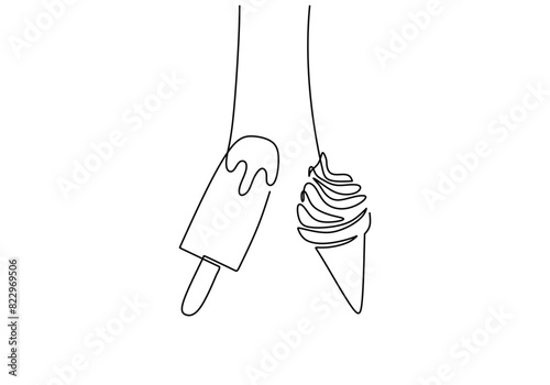 one continuous line drawing of hanging cone ice cream and pop stick ice cream on white background.