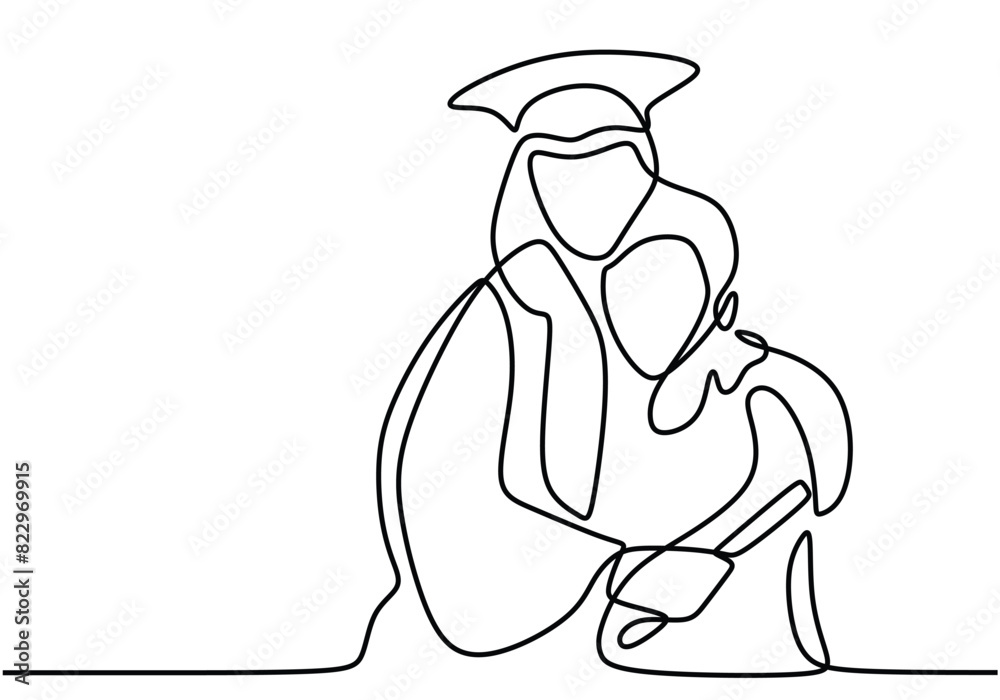 one continuous line drawing of graduated student wear cap, gown and bring certificate hug mother. one continuous line drawing of graduated student wear cap, gown and bring certificate hug mother.